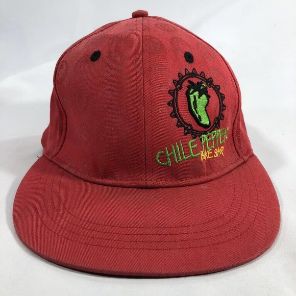Chile Pepper Bike Shop Moab Utah Hat Cap Red Embroidered Size SM Fitted Flatbill - Picture 1 of 12